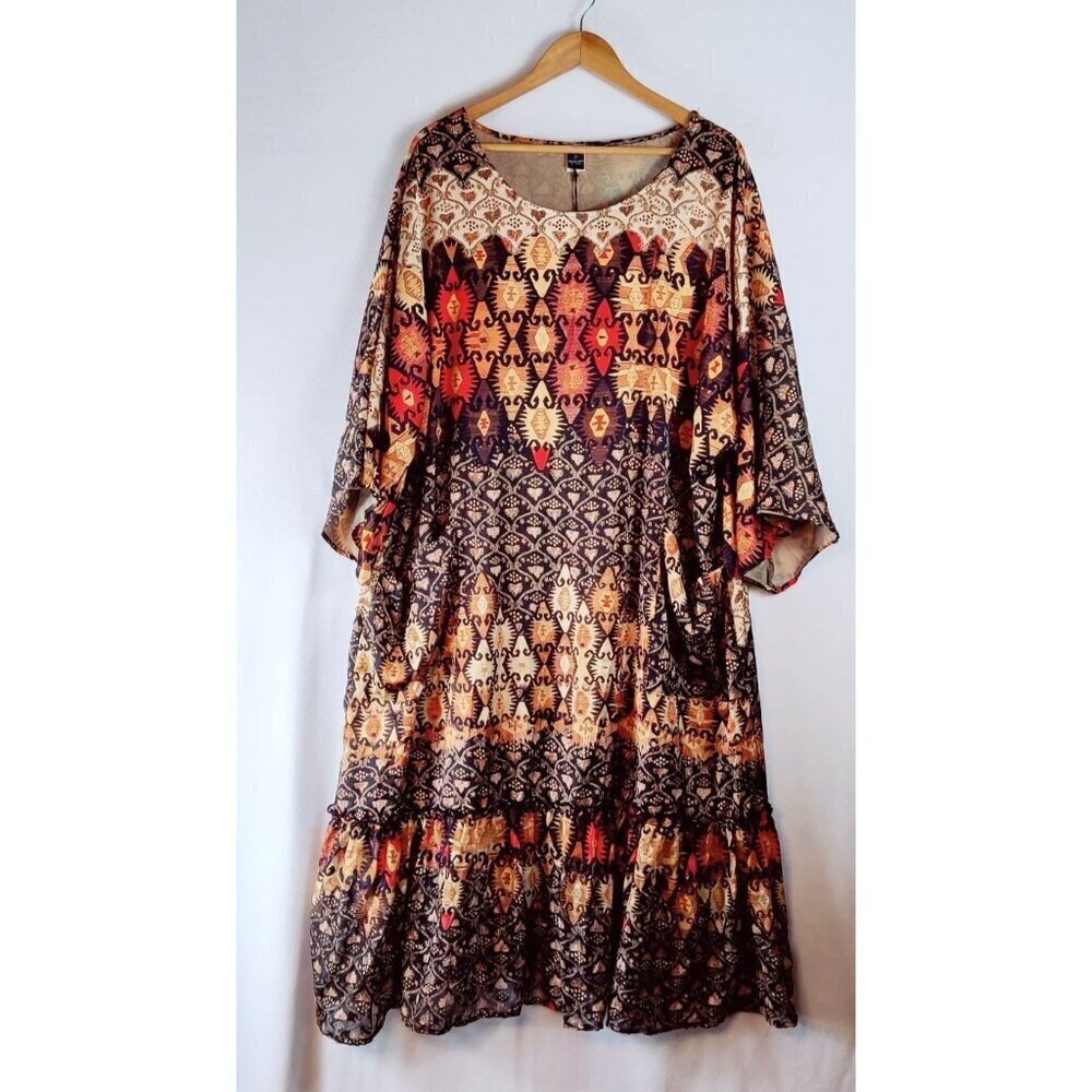 Tribal Dress Tones of Autumn sz 2X Boho Loose Shift Ruffle Trim 3Q Sleeve Ethnic